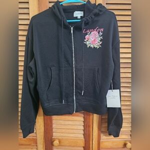Love Theory NWT Black London Graphic Zip Up Hoodie Floral Roses Size M